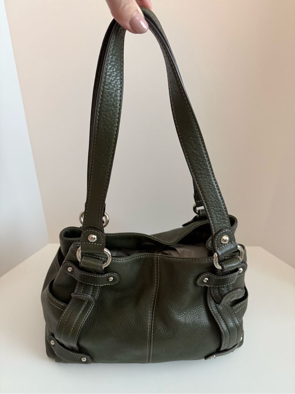 Clarks Olive Green Genuine Leather Shoulder Bag Tote Purse Silver Hardware - Picture 2 of 8